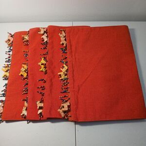 Pier 1 Imports Red Beaded Trim Cotton Placemats Ornate Wooden Bohemian Set of 4